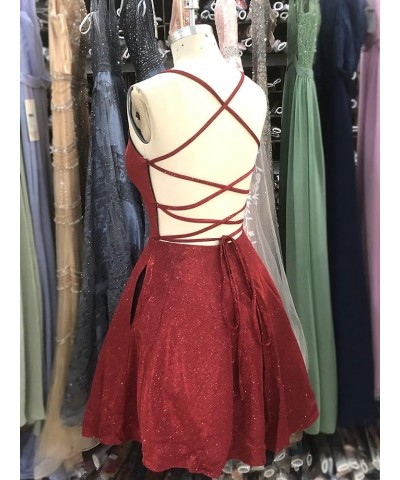 Spaghetti Straps Glitter Short A Line Ball Gown Homecoming Dresses with Pocket Burgundy $15.75 Dresses