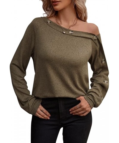 Womens Off Shoulder Tops Sexy Long Sleeve Casual Loose Fitting Shirts Blouse with Decorative Button Khaki $14.57 Blouses