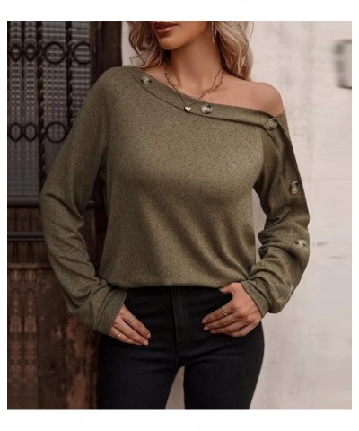 Womens Off Shoulder Tops Sexy Long Sleeve Casual Loose Fitting Shirts Blouse with Decorative Button Khaki $14.57 Blouses