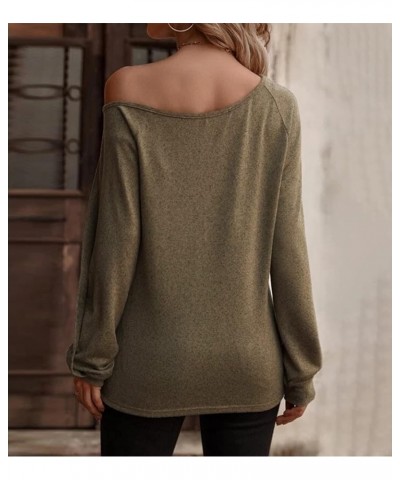 Womens Off Shoulder Tops Sexy Long Sleeve Casual Loose Fitting Shirts Blouse with Decorative Button Khaki $14.57 Blouses