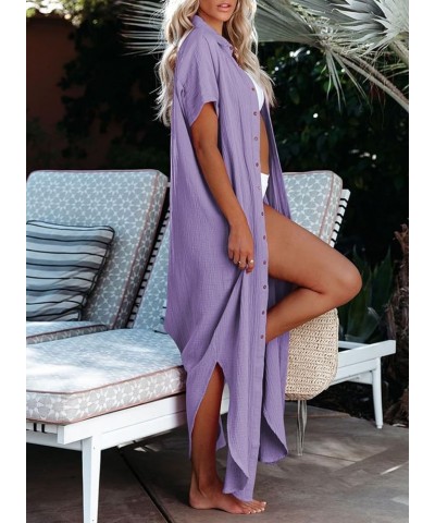 Womens Casual Short Sleeve Button Down Dress Side Split Long Kimonos Cardigans Swimsuit Cover Ups Beach Dress Purple $18.87 S...