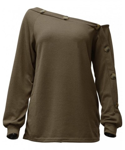 Womens Off Shoulder Tops Sexy Long Sleeve Casual Loose Fitting Shirts Blouse with Decorative Button Khaki $14.57 Blouses