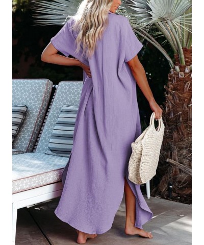 Womens Casual Short Sleeve Button Down Dress Side Split Long Kimonos Cardigans Swimsuit Cover Ups Beach Dress Purple $18.87 S...