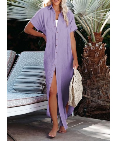 Womens Casual Short Sleeve Button Down Dress Side Split Long Kimonos Cardigans Swimsuit Cover Ups Beach Dress Purple $18.87 S...