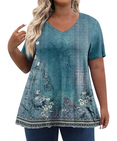 3/4 Sleeve Tops for Women Womens Short Sleeve Casual Loose Fit Flare Swing Tunic Tops Basic T-Shirt Plus Size 04-cyan $6.25 Tops