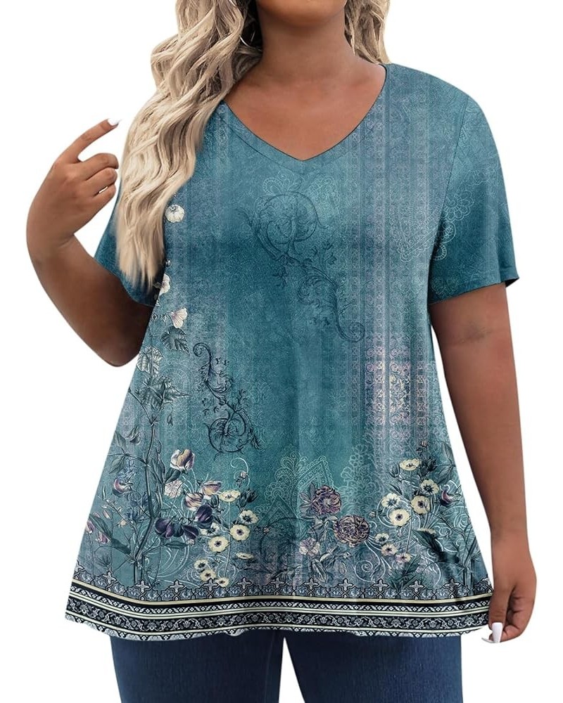 3/4 Sleeve Tops for Women Womens Short Sleeve Casual Loose Fit Flare Swing Tunic Tops Basic T-Shirt Plus Size 04-cyan $6.25 Tops