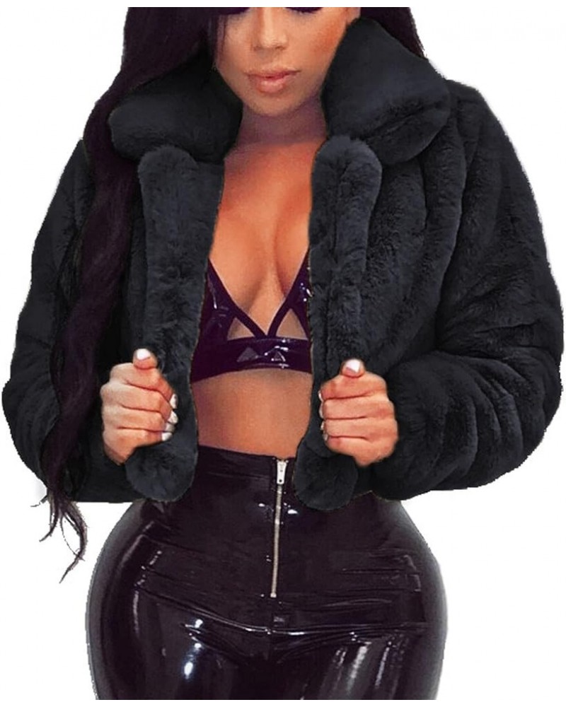 Womens Short Fur Coat Fluffys Fleece Outwear Turn-down Collar Faux Furs Tops Winter Warm Sweater Jacket Black $11.76 Coats