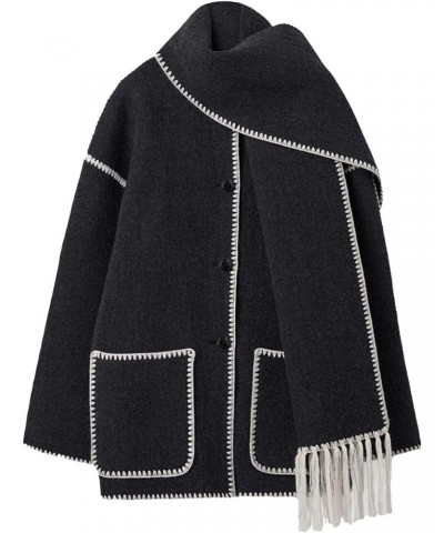 Womens Oversized Wool Blend Jacket With Scarf Button Down Shacket Overcoat Wool Coats with Pockets(-Black-L) $17.39 Coats