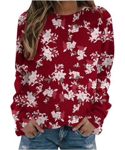 Womens Casual Long Sleeve Sweatshirt Fall Fashion 2023 Floral Print Pullover Shirts Loose Fit Graphic Thin Blouses G06-red $1...