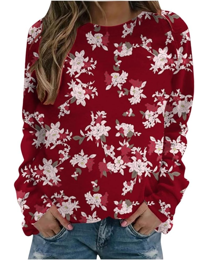 Womens Casual Long Sleeve Sweatshirt Fall Fashion 2023 Floral Print Pullover Shirts Loose Fit Graphic Thin Blouses G06-red $1...