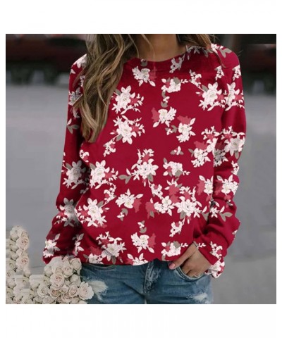 Womens Casual Long Sleeve Sweatshirt Fall Fashion 2023 Floral Print Pullover Shirts Loose Fit Graphic Thin Blouses G06-red $1...