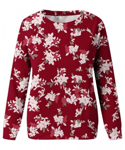 Womens Casual Long Sleeve Sweatshirt Fall Fashion 2023 Floral Print Pullover Shirts Loose Fit Graphic Thin Blouses G06-red $1...