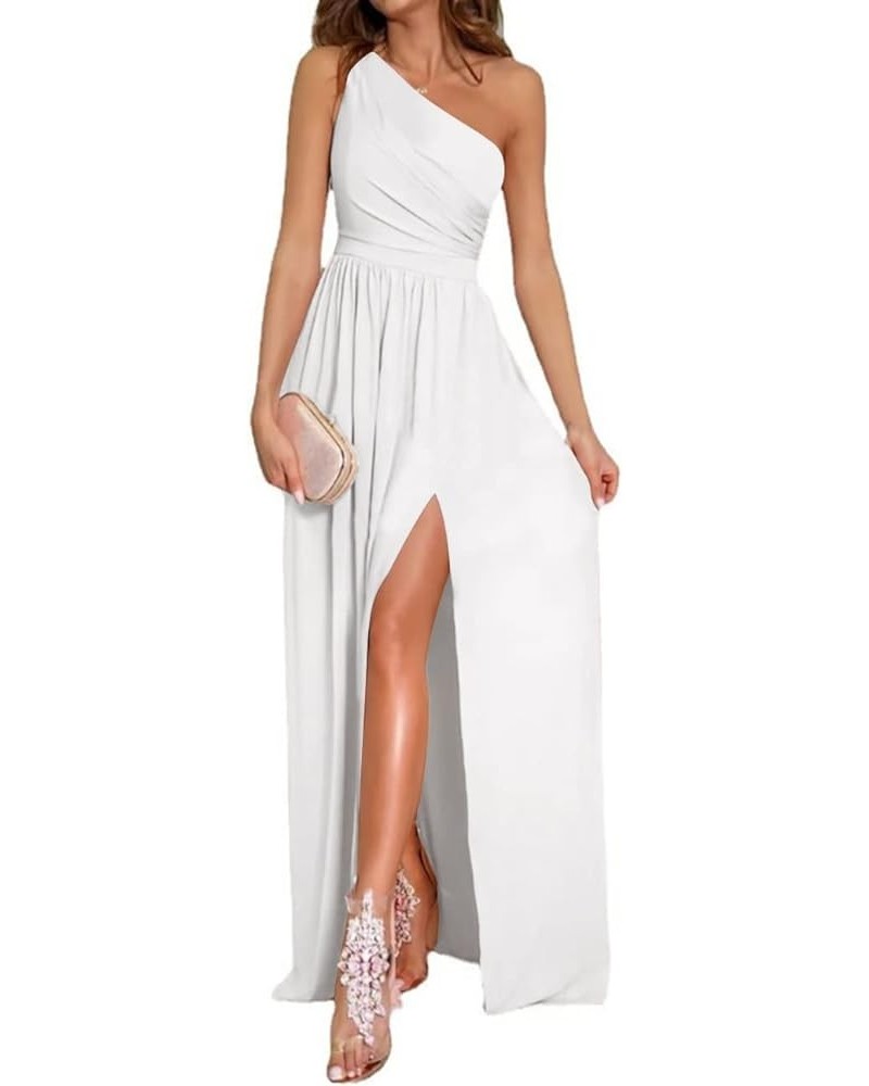 Women's One Shoulder High Split Sleeveless Ruched Sexy Cocktail Maxi Long Dress White $30.00 Dresses