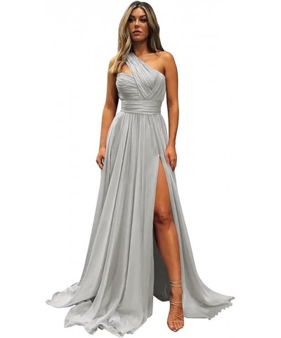 One Shoulder Chiffon Bridesmaid Dresses for Wedding Ruched Long Formal Dress Evening Gowns with Slit Silver $21.92 Dresses