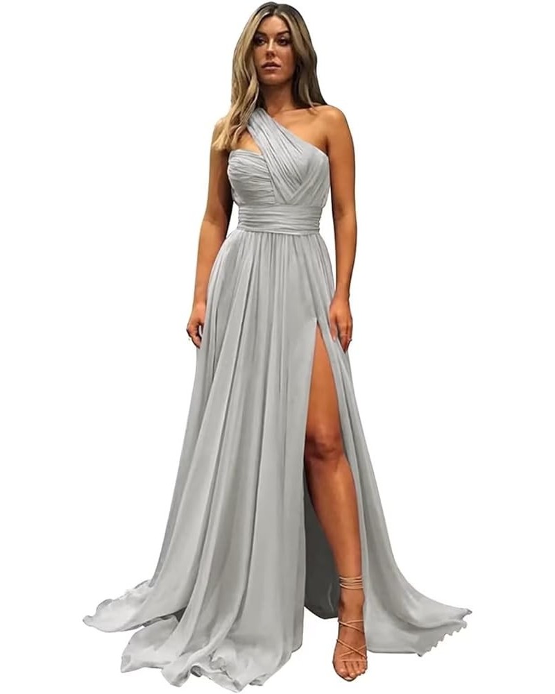 One Shoulder Chiffon Bridesmaid Dresses for Wedding Ruched Long Formal Dress Evening Gowns with Slit Silver $21.92 Dresses