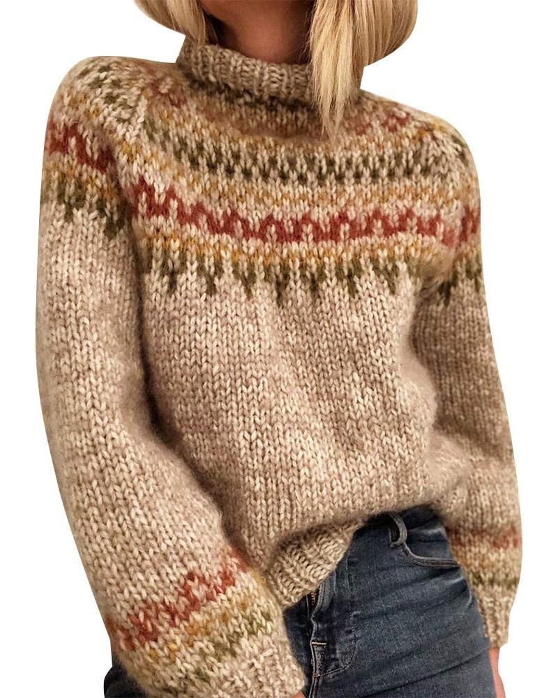 Womens Fair Isle Sweater Vintage Fair Isle Print Pullover Crewneck Knitted Long Sleeve Soft Warm Jumper Tops B01 Apricot $14....