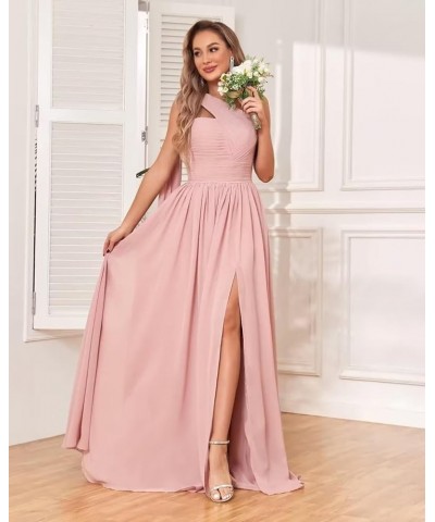 One Shoulder Chiffon Bridesmaid Dresses for Wedding Ruched Long Formal Dress Evening Gowns with Slit Silver $21.92 Dresses