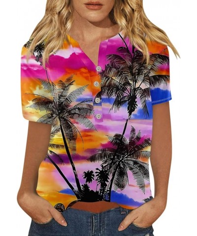 Womens Hawaiian Shirt Palm Trees Beach Graphic Tee Tops Summer Vacation Short Sleeve Tshirt Tops Casual V Neck S04-hot Pink $...