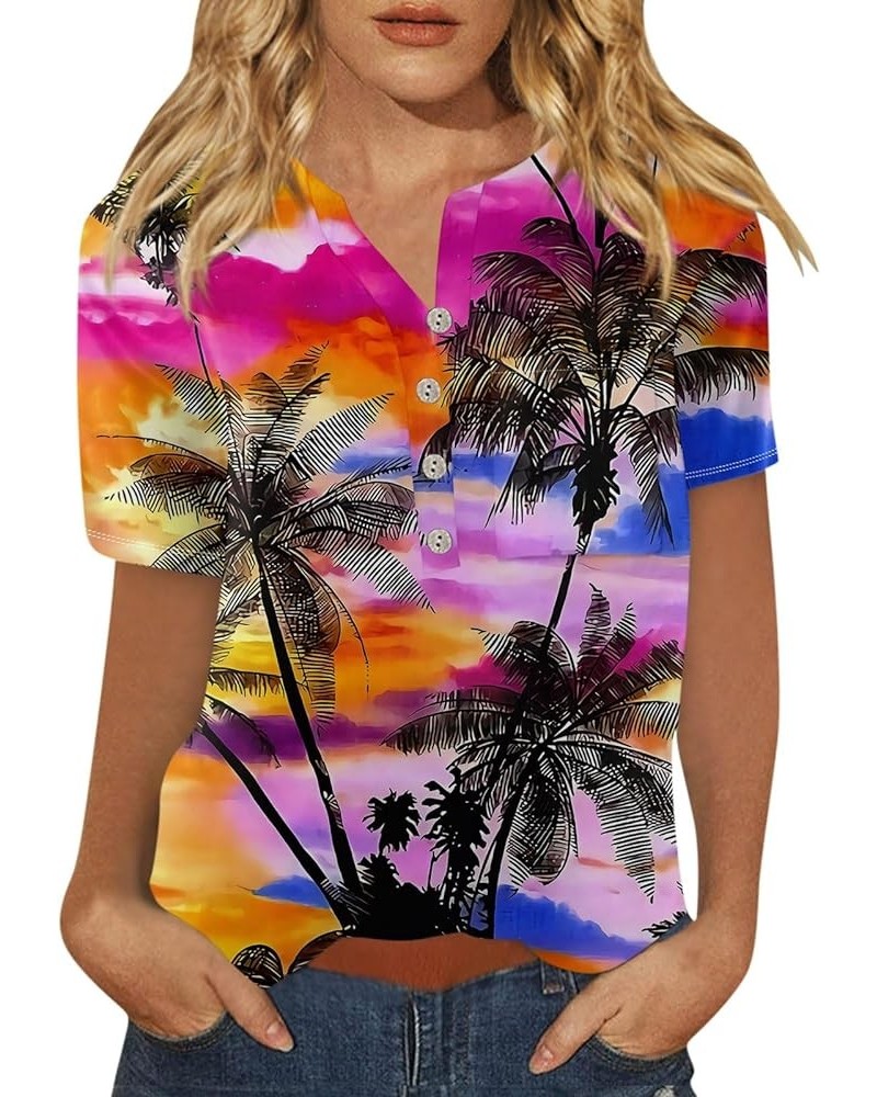 Womens Hawaiian Shirt Palm Trees Beach Graphic Tee Tops Summer Vacation Short Sleeve Tshirt Tops Casual V Neck S04-hot Pink $...