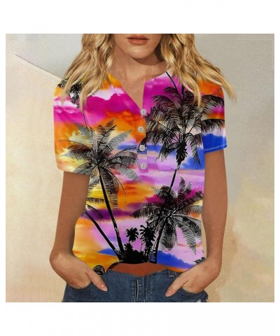 Womens Hawaiian Shirt Palm Trees Beach Graphic Tee Tops Summer Vacation Short Sleeve Tshirt Tops Casual V Neck S04-hot Pink $...