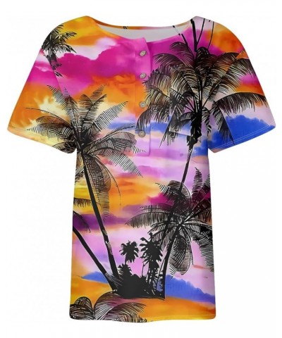 Womens Hawaiian Shirt Palm Trees Beach Graphic Tee Tops Summer Vacation Short Sleeve Tshirt Tops Casual V Neck S04-hot Pink $...