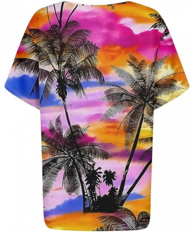 Womens Hawaiian Shirt Palm Trees Beach Graphic Tee Tops Summer Vacation Short Sleeve Tshirt Tops Casual V Neck S04-hot Pink $...