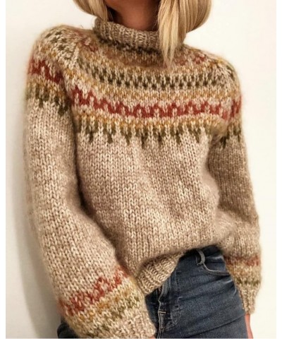 Womens Fair Isle Sweater Vintage Fair Isle Print Pullover Crewneck Knitted Long Sleeve Soft Warm Jumper Tops B01 Apricot $14....