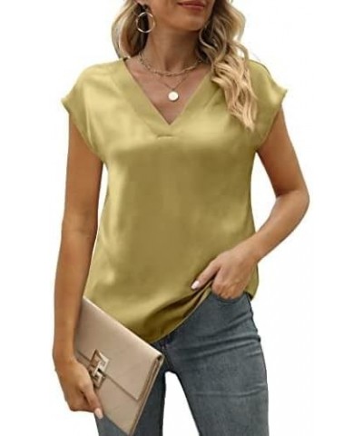 Women's Cap Sleeve Silk Tops V Neck Satin Blouse Solid Elegant Loose Fit Shirts Yellow $15.95 Blouses