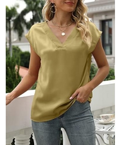 Women's Cap Sleeve Silk Tops V Neck Satin Blouse Solid Elegant Loose Fit Shirts Yellow $15.95 Blouses