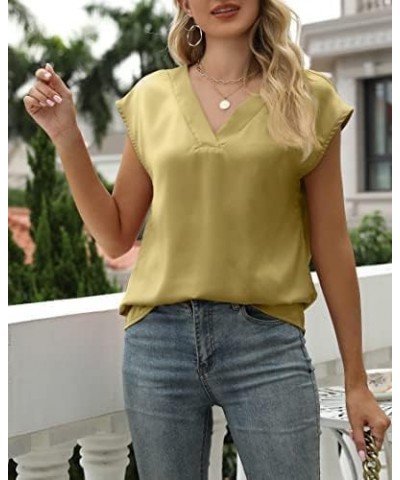 Women's Cap Sleeve Silk Tops V Neck Satin Blouse Solid Elegant Loose Fit Shirts Yellow $15.95 Blouses