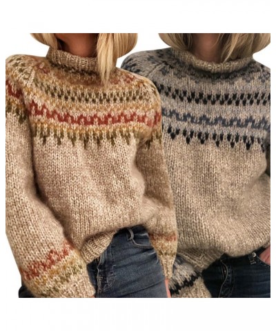 Womens Fair Isle Sweater Vintage Fair Isle Print Pullover Crewneck Knitted Long Sleeve Soft Warm Jumper Tops B01 Apricot $14....