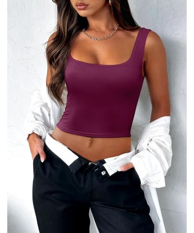 Women's Square Neck Sleeveless Crop Tops 2024 Cute Double Layer Seamless Slim Fit Y2k Tank Tops Burgundy $12.16 Others