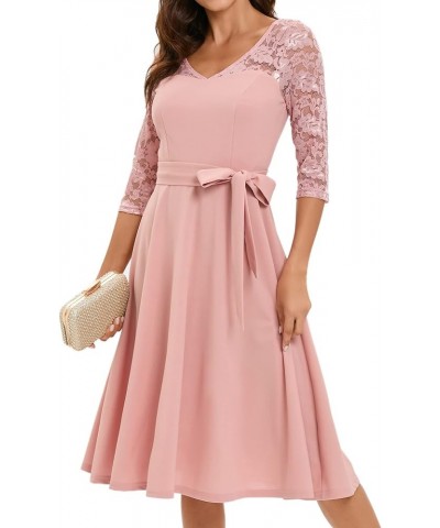 Women's Long Sleeve Vintage Formal Cocktail Party Wedding Guest V Neck A-line Swing Midi Dress A-blush $10.50 Dresses