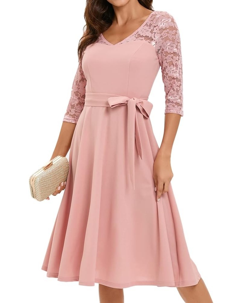 Women's Long Sleeve Vintage Formal Cocktail Party Wedding Guest V Neck A-line Swing Midi Dress A-blush $10.50 Dresses