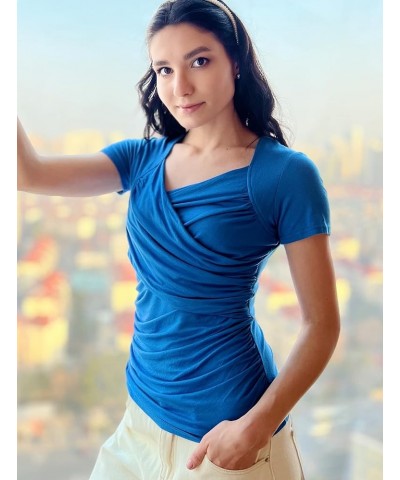 Women's Cross-Front V Neck Ruched Short Sleeve Blouses Shirts Tops S-XXL Blue $11.76 Blouses