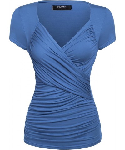 Women's Cross-Front V Neck Ruched Short Sleeve Blouses Shirts Tops S-XXL Blue $11.76 Blouses