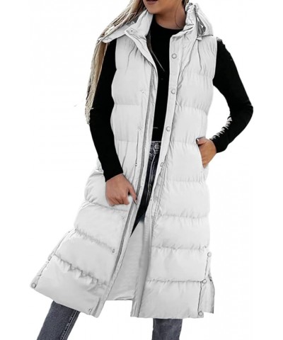 Long Puffer Vest Women Sleeveless Hooded Quilted Down Vest Puffy Padded Gilet Snap Button Thicken Warm Winter Outwear White $...