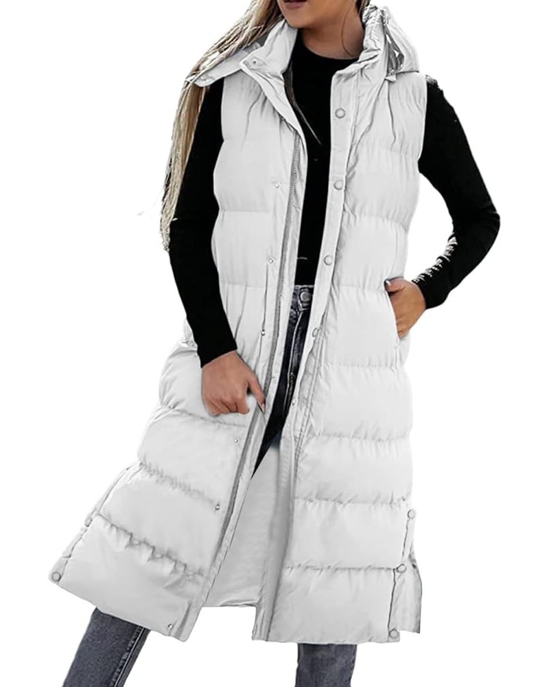 Long Puffer Vest Women Sleeveless Hooded Quilted Down Vest Puffy Padded Gilet Snap Button Thicken Warm Winter Outwear White $...