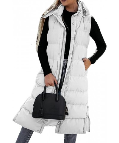 Long Puffer Vest Women Sleeveless Hooded Quilted Down Vest Puffy Padded Gilet Snap Button Thicken Warm Winter Outwear White $...