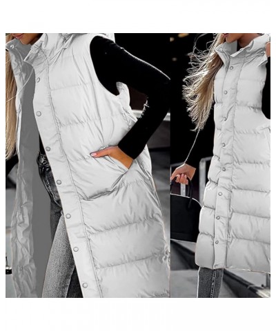 Long Puffer Vest Women Sleeveless Hooded Quilted Down Vest Puffy Padded Gilet Snap Button Thicken Warm Winter Outwear White $...