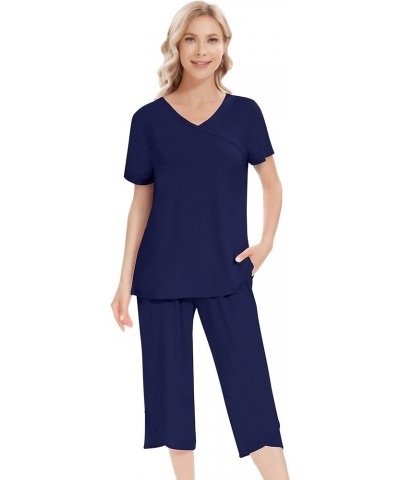 Pajamas for Women Short Sleeve Sleepwear Soft Capri Pants Pajama Sets Cool Pjs S-4XL B-navy Blue $21.19 Sleep & Lounge