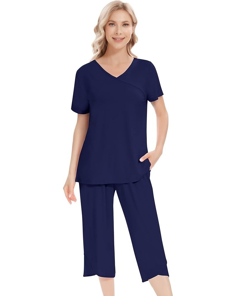 Pajamas for Women Short Sleeve Sleepwear Soft Capri Pants Pajama Sets Cool Pjs S-4XL B-navy Blue $21.19 Sleep & Lounge