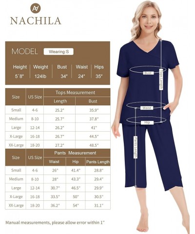 Pajamas for Women Short Sleeve Sleepwear Soft Capri Pants Pajama Sets Cool Pjs S-4XL B-navy Blue $21.19 Sleep & Lounge