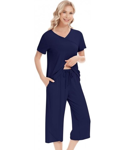 Pajamas for Women Short Sleeve Sleepwear Soft Capri Pants Pajama Sets Cool Pjs S-4XL B-navy Blue $21.19 Sleep & Lounge