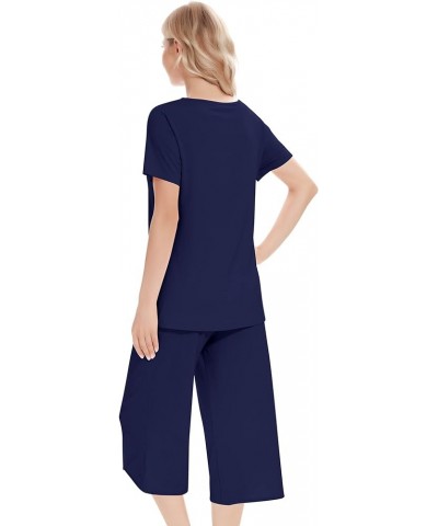 Pajamas for Women Short Sleeve Sleepwear Soft Capri Pants Pajama Sets Cool Pjs S-4XL B-navy Blue $21.19 Sleep & Lounge