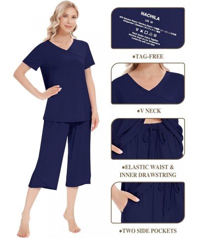 Pajamas for Women Short Sleeve Sleepwear Soft Capri Pants Pajama Sets Cool Pjs S-4XL B-navy Blue $21.19 Sleep & Lounge