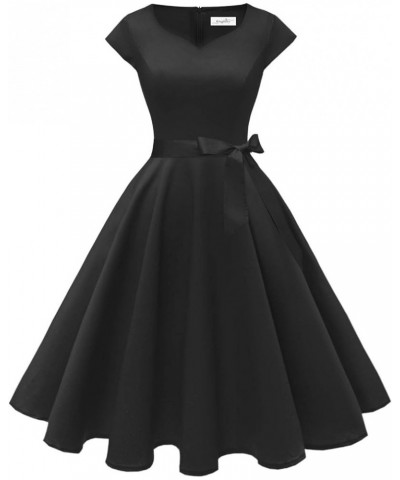 Women Vintage 1950s Dress Retro Cocktail Party Swing Dresses with Cap Sleeves Black $22.95 Dresses