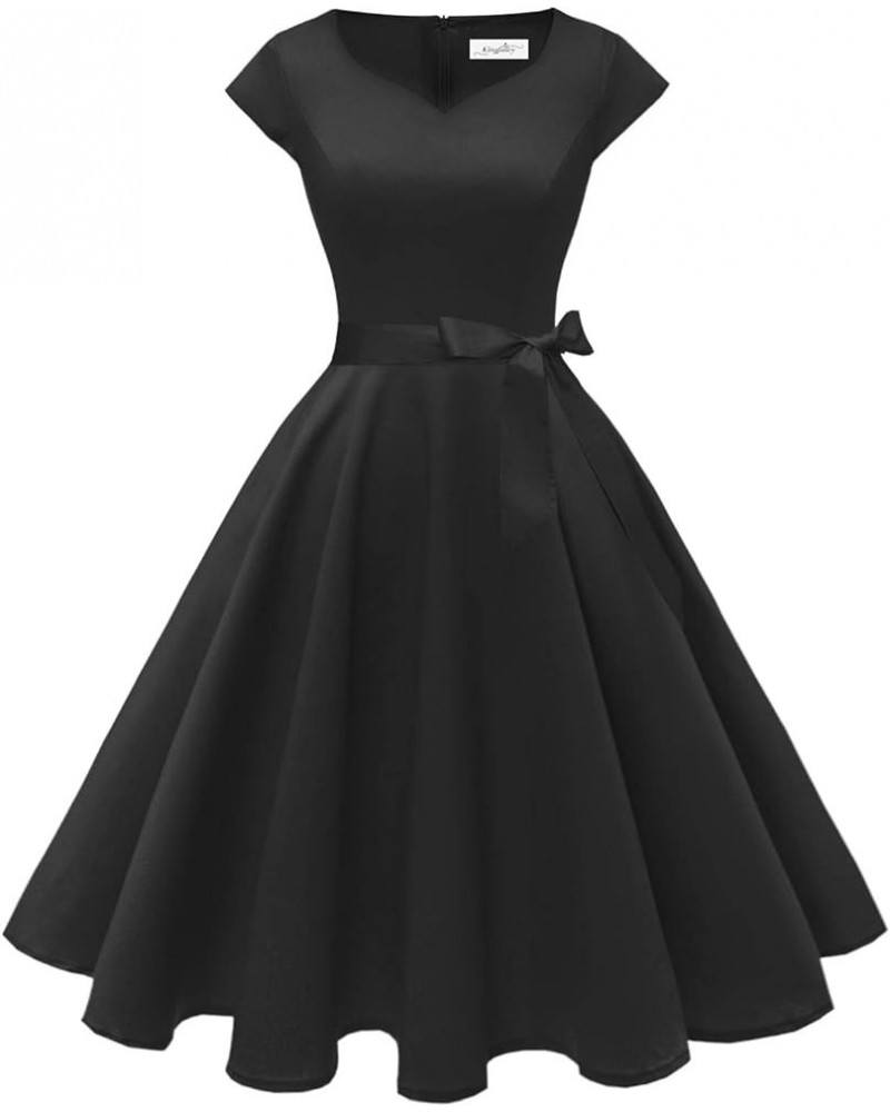 Women Vintage 1950s Dress Retro Cocktail Party Swing Dresses with Cap Sleeves Black $22.95 Dresses