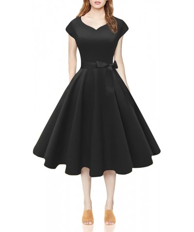 Women Vintage 1950s Dress Retro Cocktail Party Swing Dresses with Cap Sleeves Black $22.95 Dresses