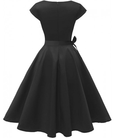 Women Vintage 1950s Dress Retro Cocktail Party Swing Dresses with Cap Sleeves Black $22.95 Dresses